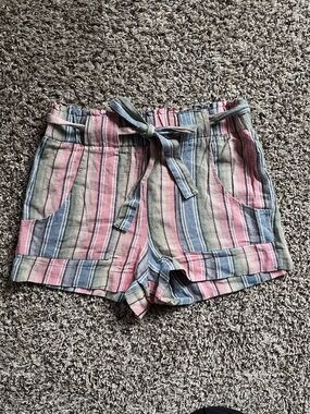 Banjara Striped Linen Blend Paperbag Waist Shorts Pink Blue Green Medium